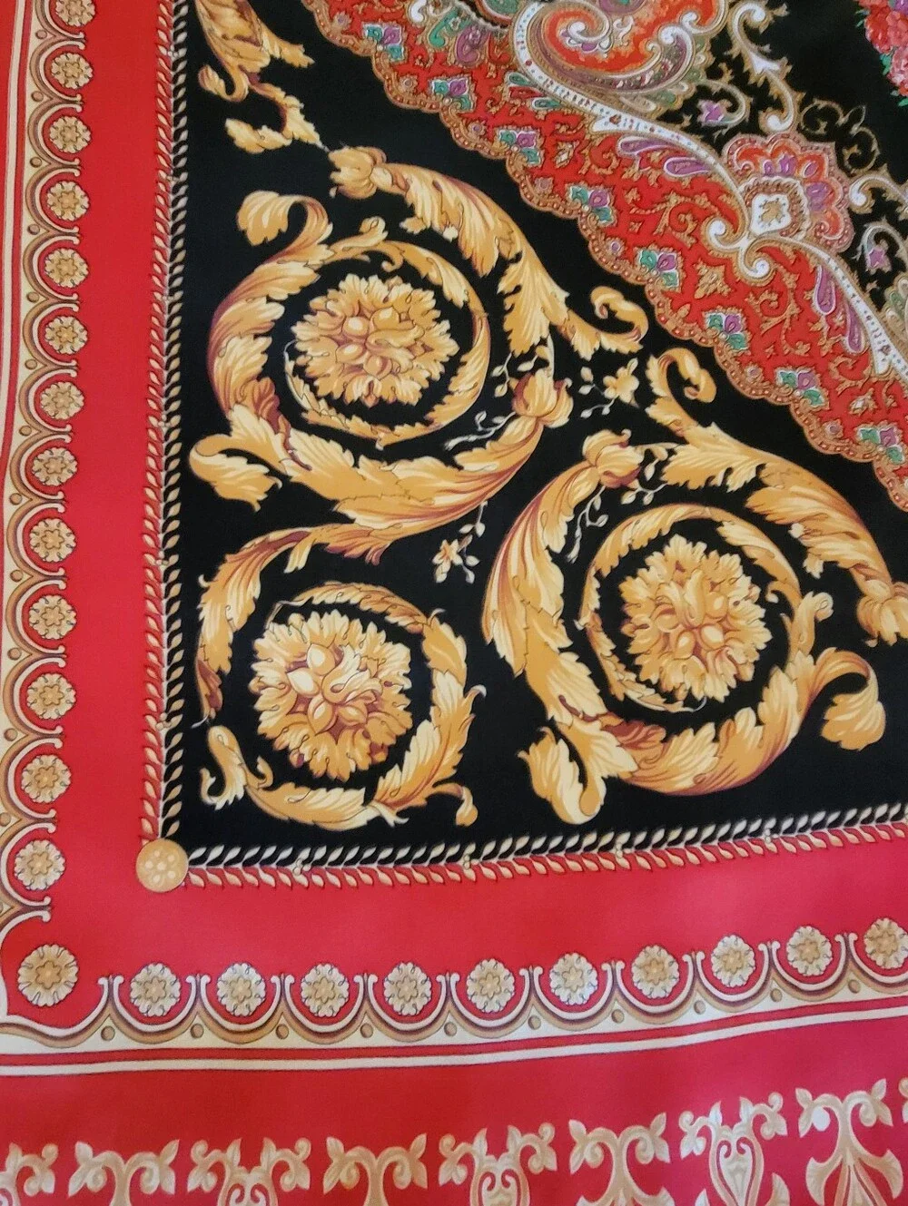 Vintage,Very Large HUALI,Red and Black Baroque-Style Scarf Accent